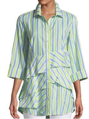 Finley Jenna Green blue striped tiered tunic top womens L
